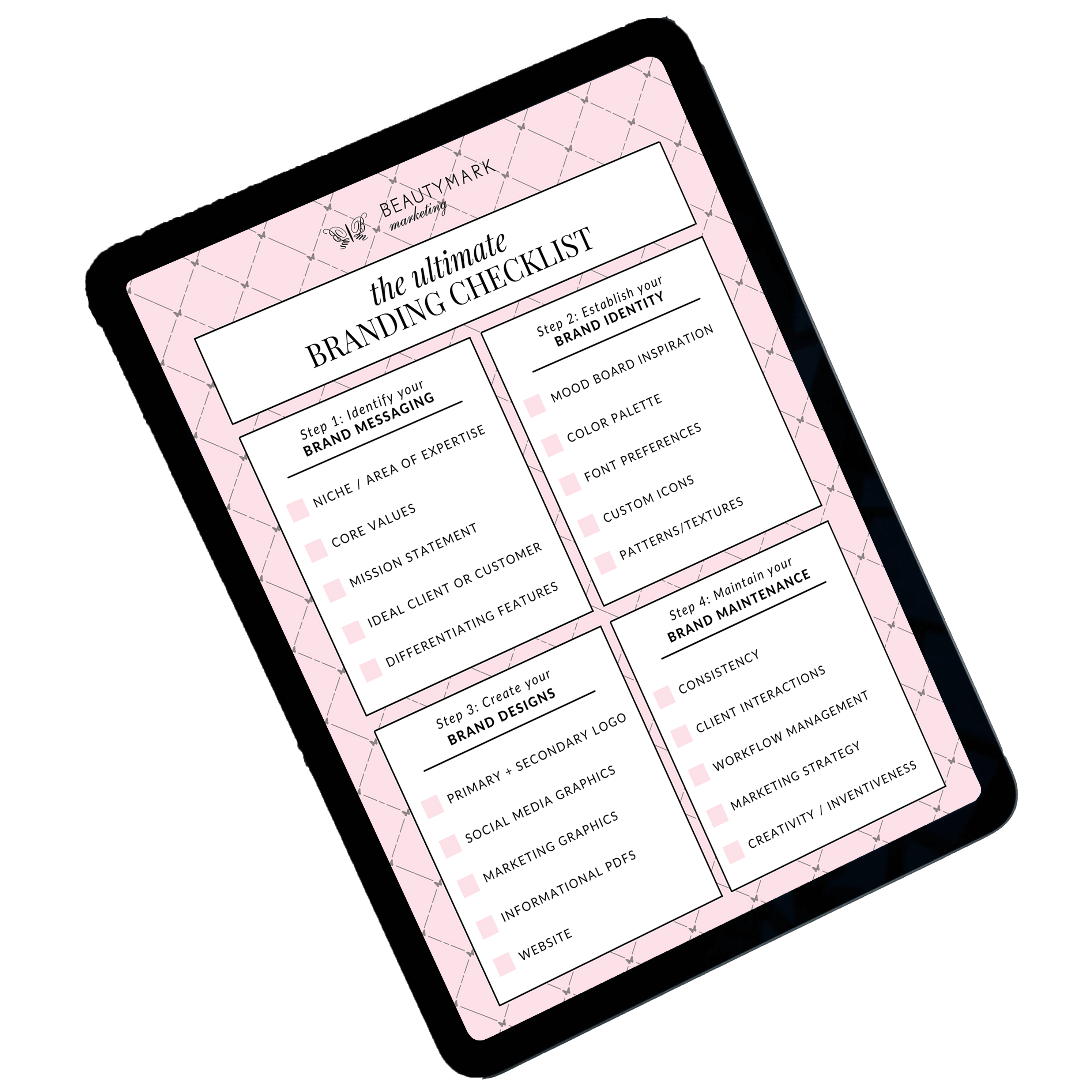 a graphic of a tablet displaying the ultimate branding checklist